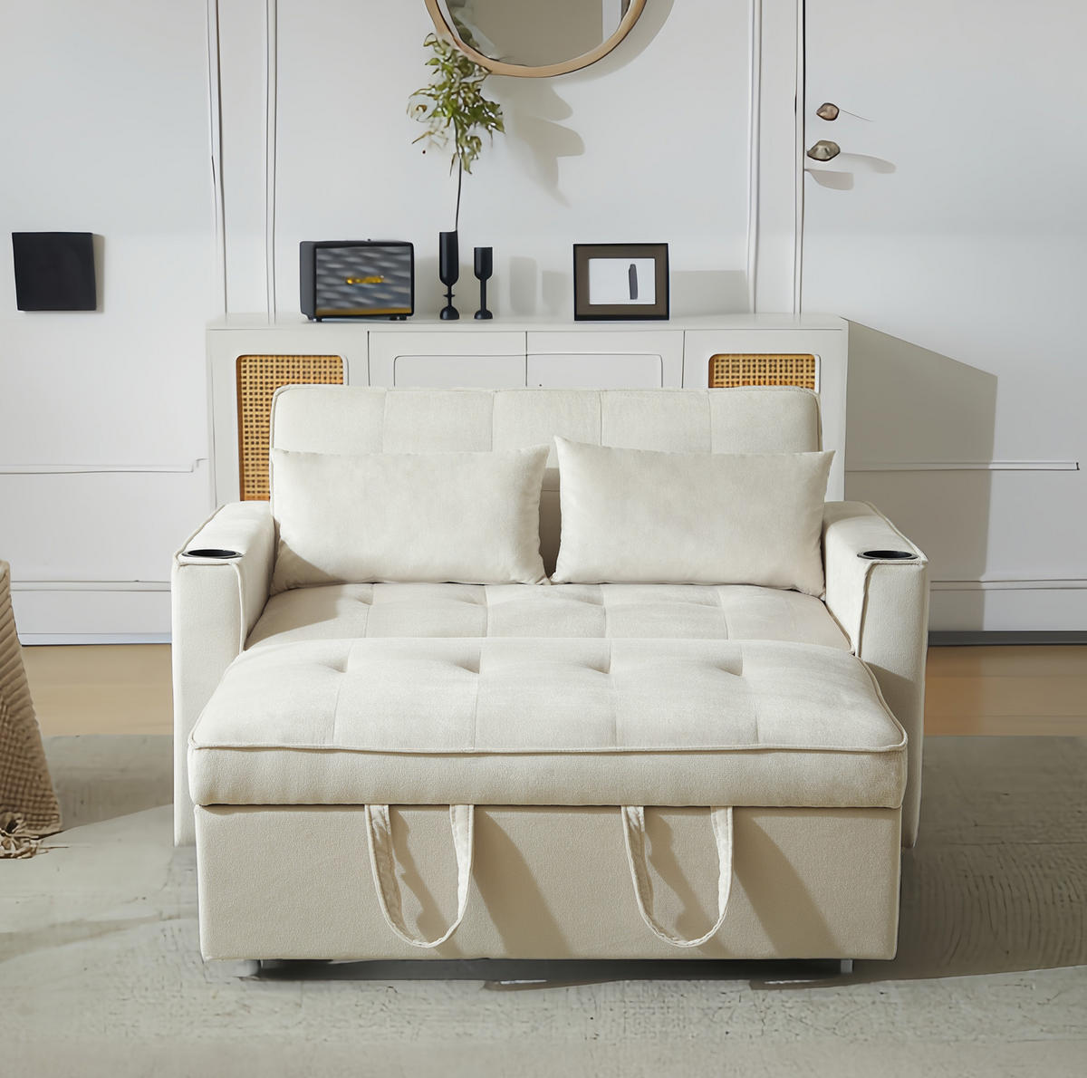 SCHLAFSOFA aus Samt 137x76,5x83 cm Beige mit Schlaffunktion, Getränkehaltern und 3-fach verstellbarer Rückenlehne - Beige, Textil (76.5/83/137cm) - Modfu
