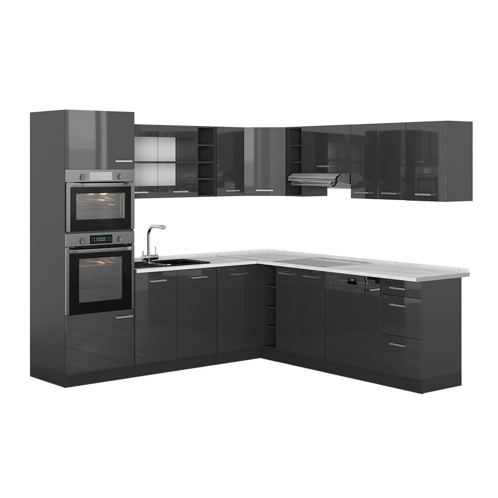 ECKKÜCHE R-Line, Anthrazit Hochglanz/Anthrazit, 247 x 237 cm, AP Marmor - Schwarz Hochglanz/Anthrazit, Holzwerkstoff (247/81.6/60cm) - Vicco