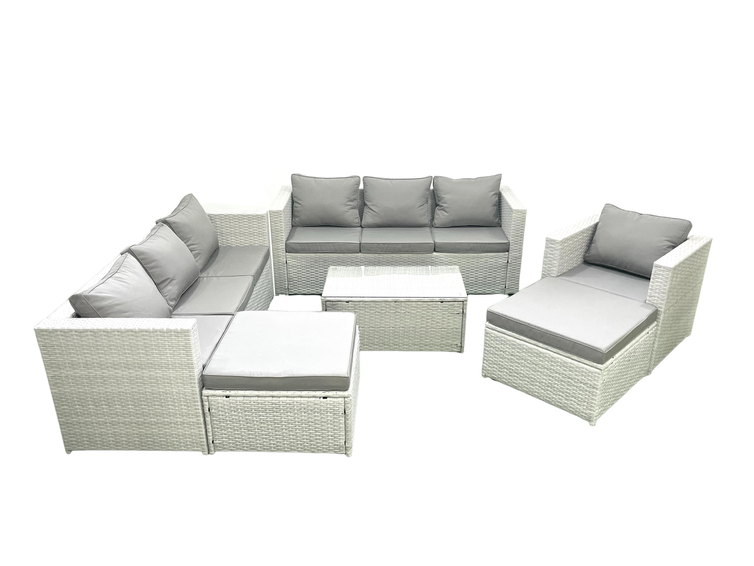 GARTENGARNITUR mit 3-SITZER SOFA,COUCHTISCH Polyrattan Hellgrau-Mix 9-Sitzer - Hellgrau/Grau, Glas/Kunststoff - Fimous