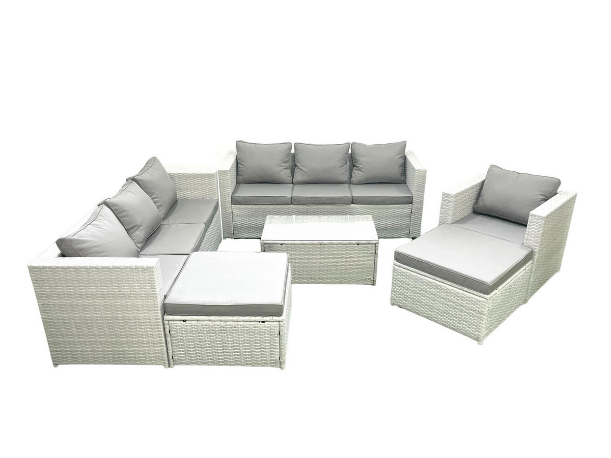 GARTENGARNITUR mit 3-SITZER SOFA,COUCHTISCH Polyrattan Hellgrau-Mix 9-Sitzer - Hellgrau/Grau, Glas/Kunststoff - Fimous