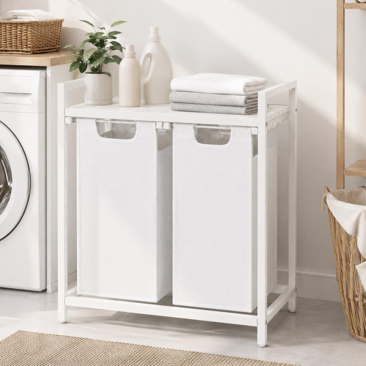 WÄSCHEKORB Metall MDF Stoff Weiß 2 herausnehmbare 92 Liter 73x33x71 cm - Weiß, Holzwerkstoff/Metall (73/71/33cm) - Begryf
