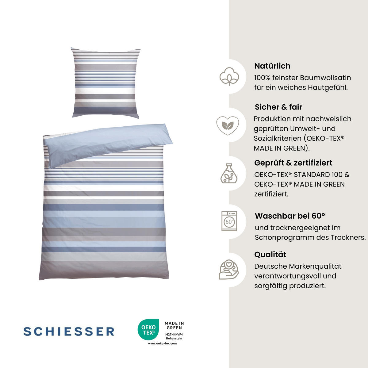 BETTWÄSCHESET Hoops - Baumwollsatin - 2-teilig - 135 x 200 cm - Blau - Blau, Textil (135/200cm) - SCHIESSER