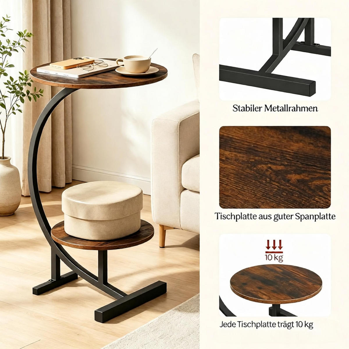 BEISTELLTISCH kompakt modern für Sofa und Bett - Braun, Holzwerkstoff/Metall (31/30/66cm)