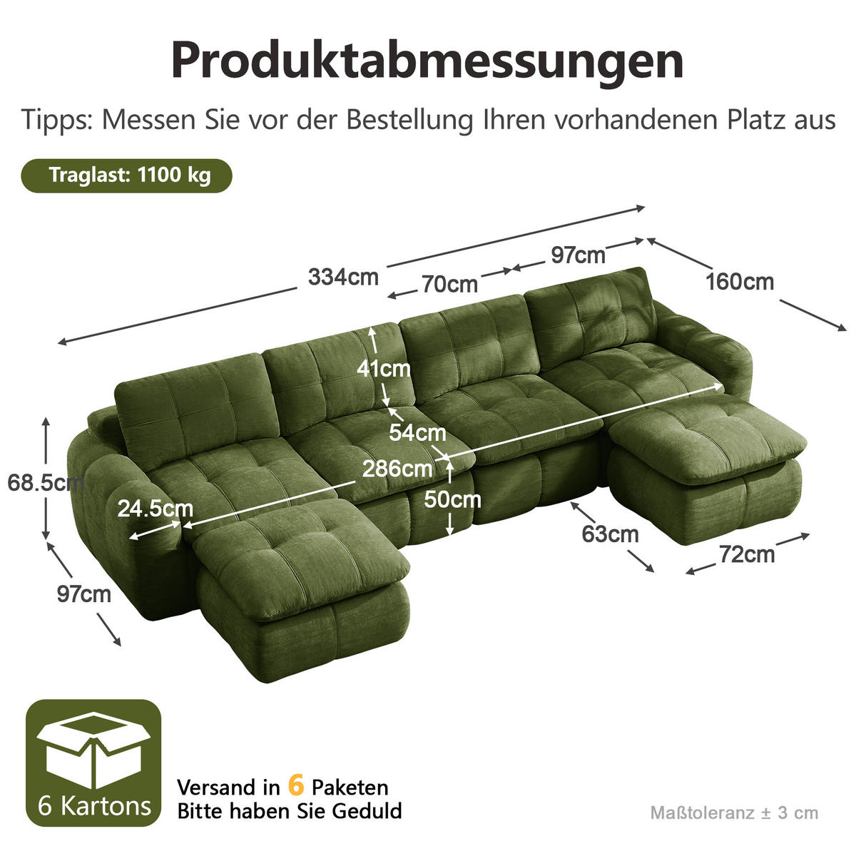 WOHNLANDSCHAFT DE-34464 U-Form mit 2 Ottomanen und Karostepp Grün - Grün, Textil (160/68.5/334cm) - ComfortXL