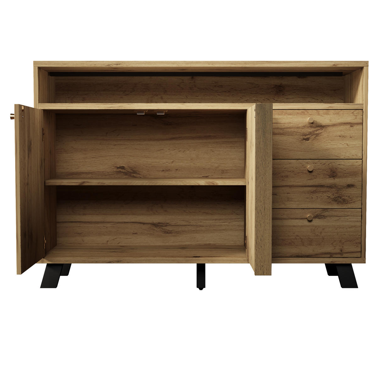 SIDEBOARD aus Holz 120x40x85 cm Dunkle Eiche mit 3 Schubladen, 2 Türen, offenem Fach und Lamellenfront - Braun, Holzwerkstoff (120/85/40cm) - Modfu