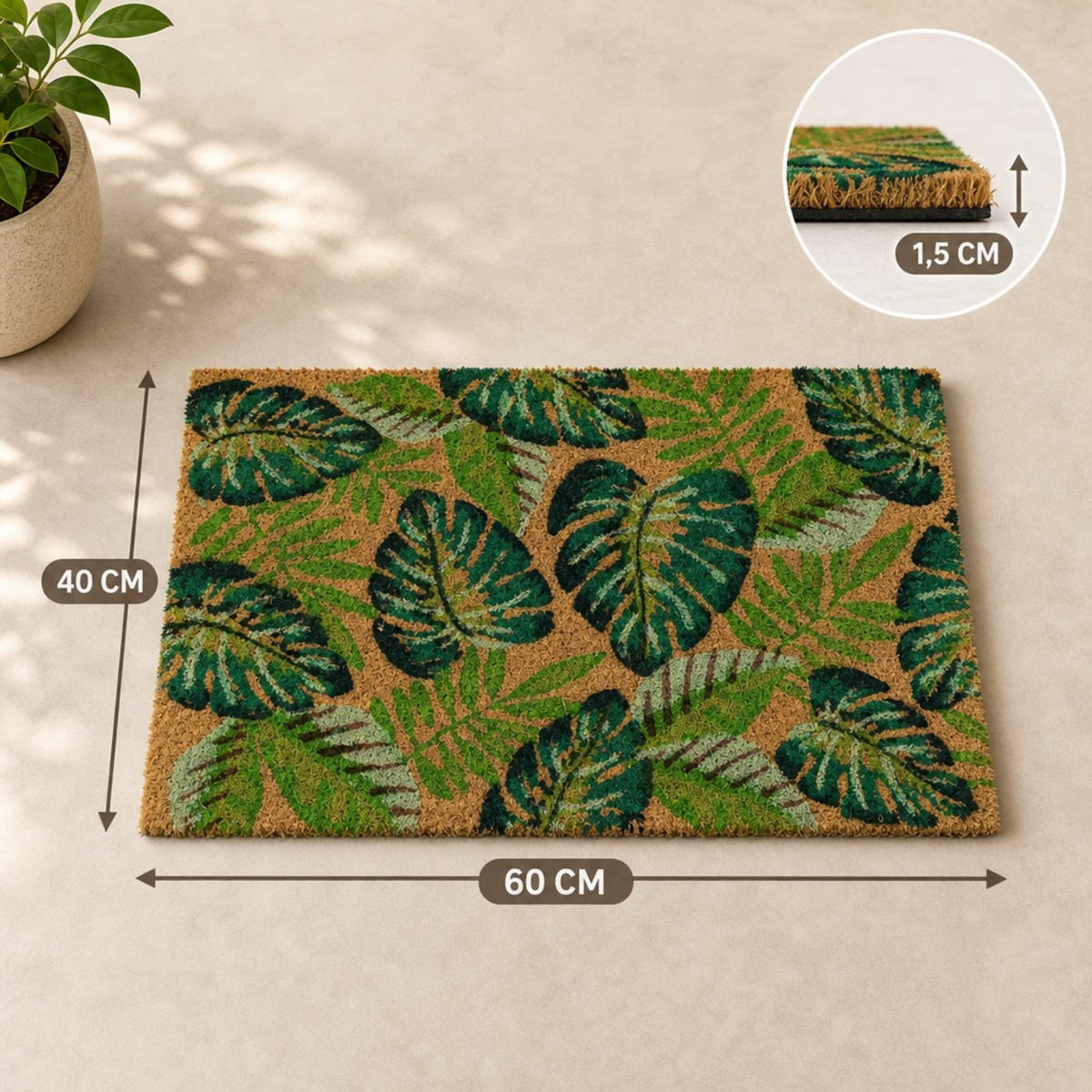 FUSSMATTE Natur Grün Kokosfaser rutschfest 60x40 cm - Multicolor, Kunststoff/Textil (60/40cm) - Relaxdays