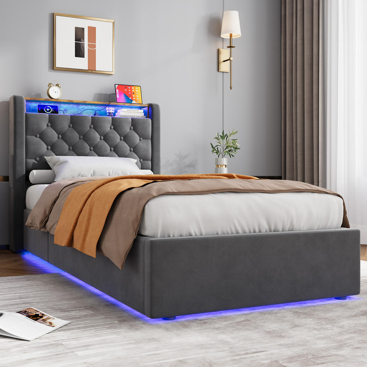 POLSTERBETT 90/200 cm mit hydraulischem Bettkasten, Schubladen, Klappbares Kopfteil, LED-Beleuchtung, Grau - Grau, Textil (90/200cm) - Redom