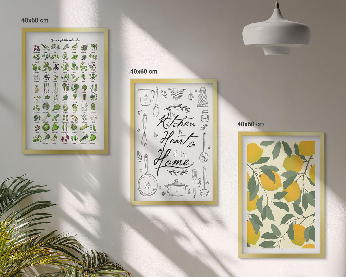 WANDBILDER 3er Set - 40x60 cm Goldrahmen - Bemalte Zitronen-Küchenkräuter - Goldfarben, Kunststoff (40/60cm) - ArtPrintCave