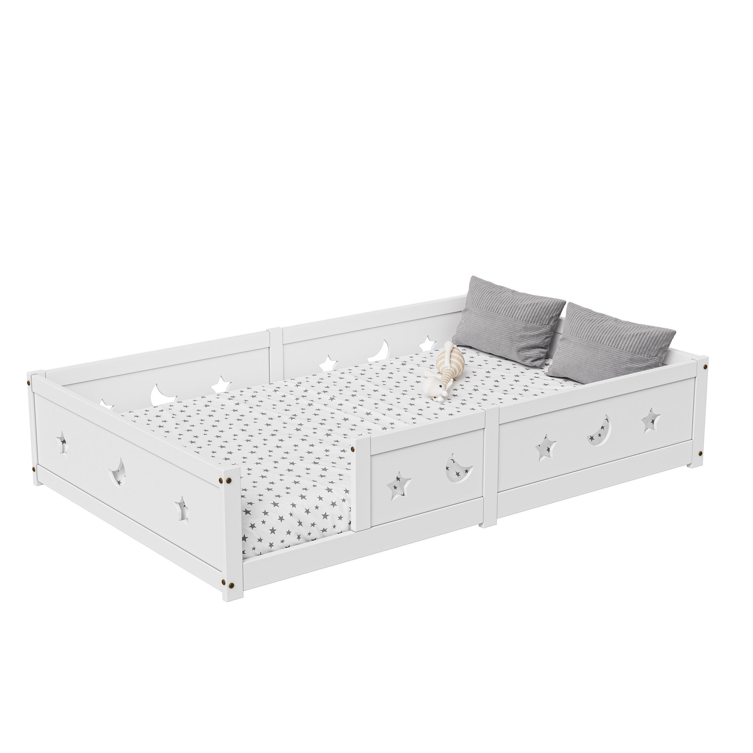 KINDERBETT 120x200 cm Massivholz Lattenrost Stern Mond weiß - Weiß, Holz (120/200cm) - LEBENLANG