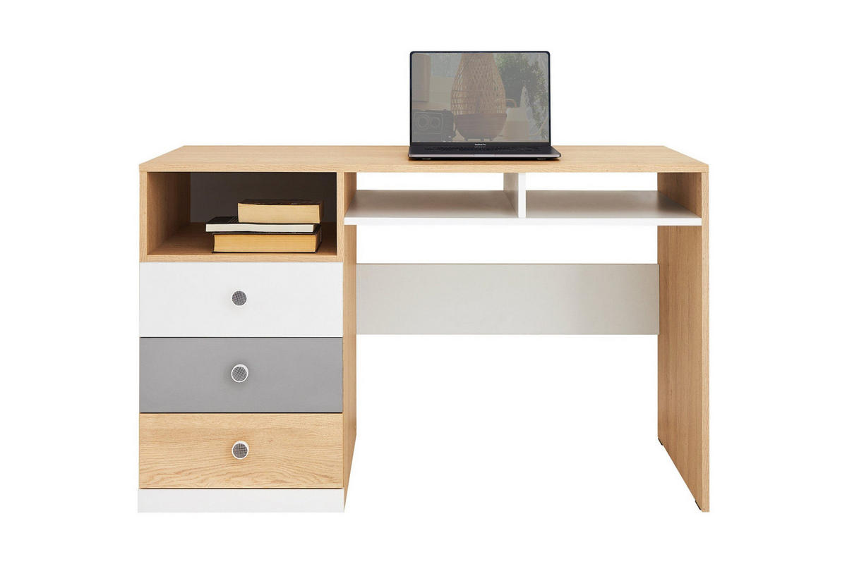 JUGENDZIMMER-SET POKO B 4-teilig in Biskuiteiche / Weiß Lux / Grau - Eichefarben/Weiß, Holzwerkstoff (250/190/55cm) - Deine Möbel 24