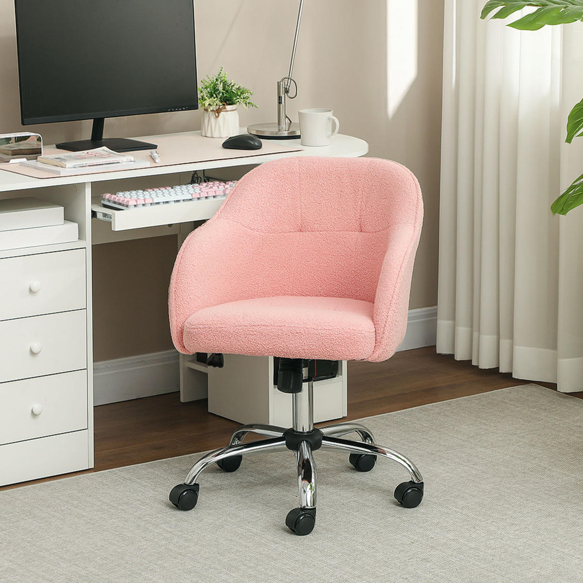 BÜROSTUHL DE-05176 Wippfunktion mit Teddysamtoptik Rosa - Rosa, Metall (61/86/56cm) - ComfortXL