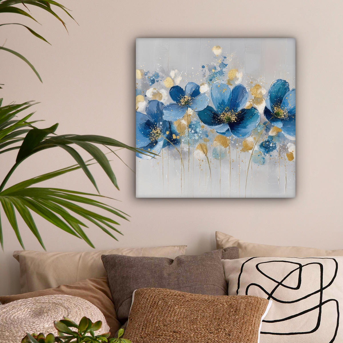 LEINWANDBILD Blumen - Blau - Abstrakt Wandbild Wohnzimmer 50x50 cm - Hellgrau, Textil (50/50cm) - MuchoWow