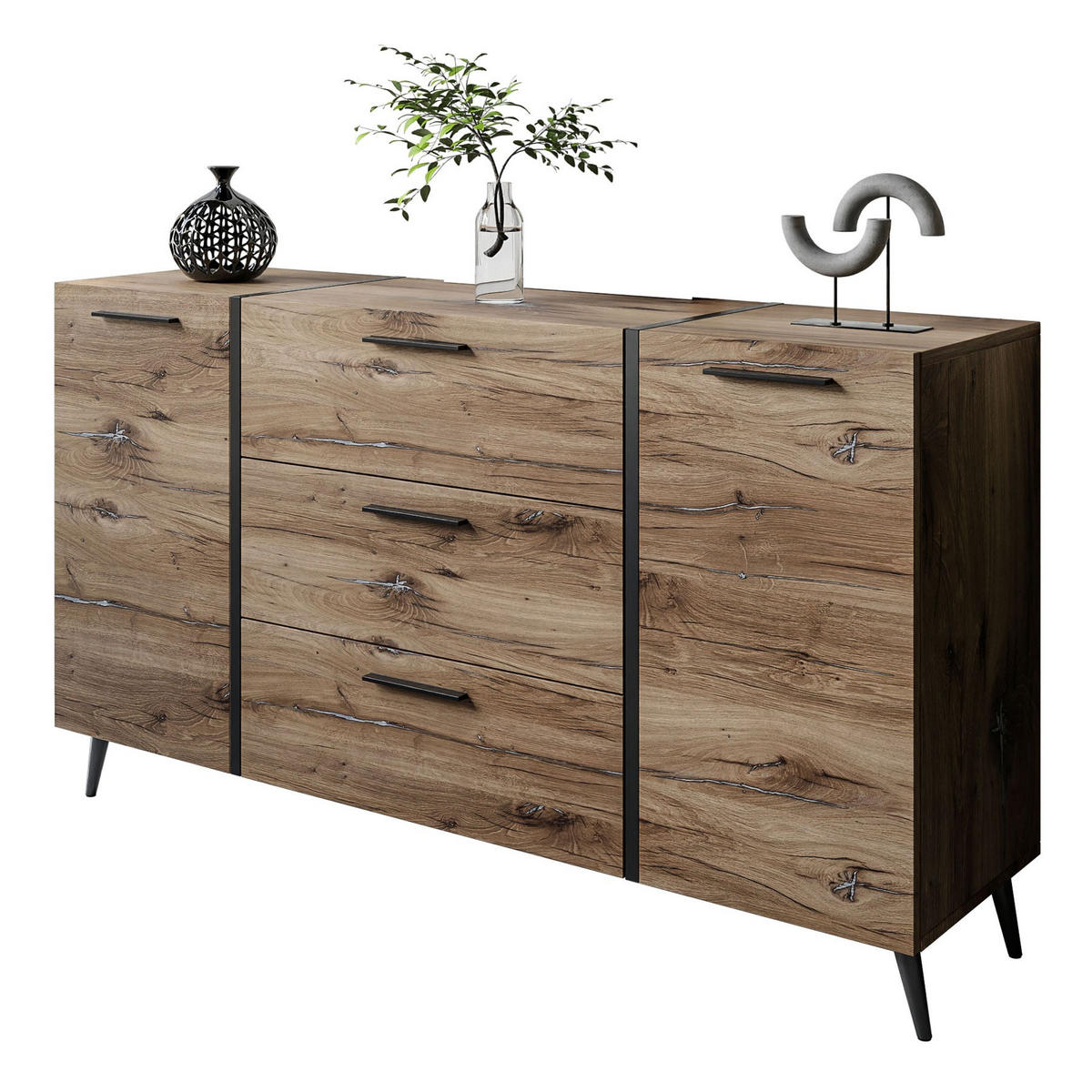 SIDEBOARD mit Schubladen ONYX LOFT auf Beinen - Eichefarben/Schwarz, Holzwerkstoff (158/88/41.3cm) - Lookway
