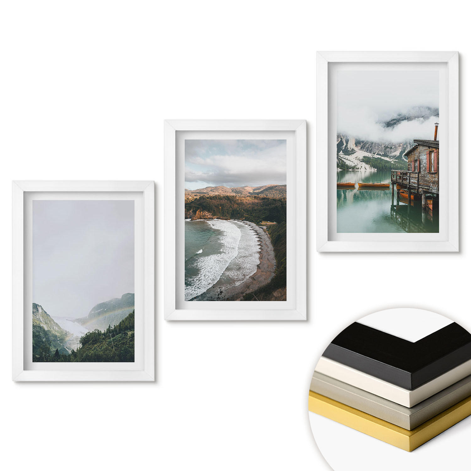 WANDBILDER 3er-Set - 20x30 cm Weißer Rahmen - Berge, Strand, Wolken, Wasser - Weiß, Kunststoff (20/30cm) - ArtPrintCave