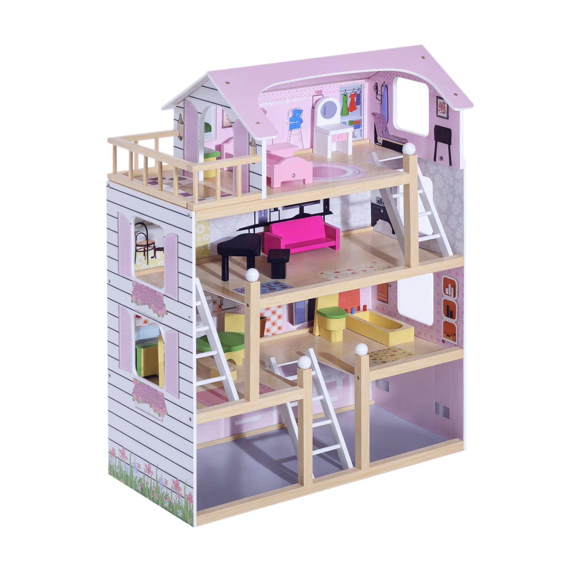 PUPPENHAUS DE-18719 4 Etagen mit 13 Accessoires & Balkon Weiß und Rosa - Pink, Holzwerkstoff (30/80/60cm) - ComfortXL