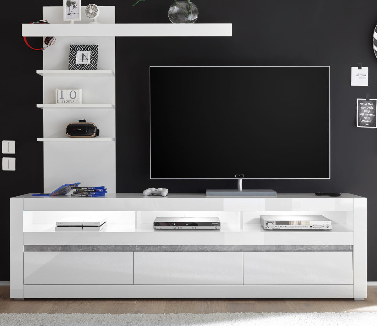 LOWBOARD Hochglanz weiß, Set 2-tlg. inklusive Paneel, TV Unterschrank Soft-Close - Weiß Hochglanz/Weiß, Holzwerkstoff/Kunststoff (217/163/42cm) - Furn.Design