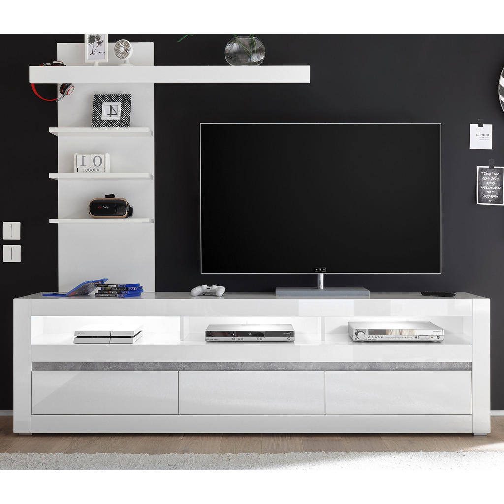 Thumbnail - Furn.Design Lowboard, Weiß, Weiß Hochglanz, Grau, Holzwerkstoff, Nachbildung, Uni, 3 Schubladen, 217x163x42 cm, Wohnzimm...