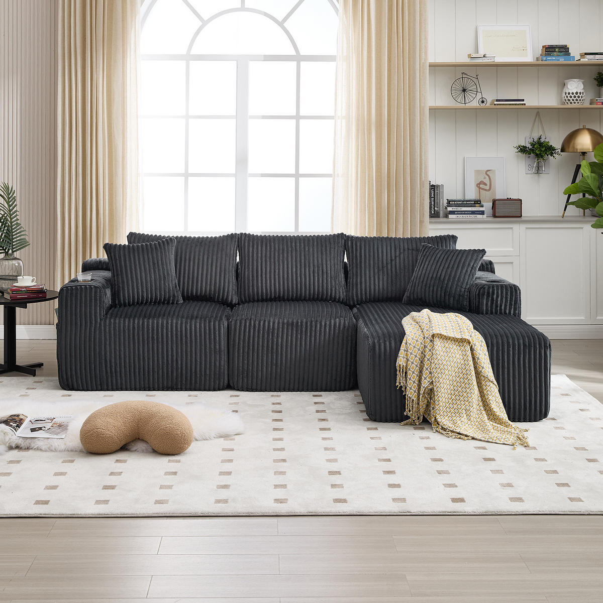 MODULARES Sofa Cord Chaiselongue und 2-Sitzer mit Kissen Taschen und Getränkehaltern 257/90 160/62 cm Grau - Grau, Textil (160/257cm) - Redom