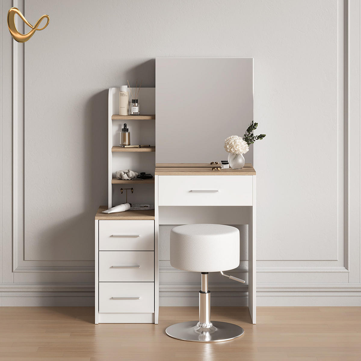 SCHMINKTISCH Loreta Weiß/Sonoma 80 cm mit Hocker - Weiß/Sonoma Eiche, Holzwerkstoff (80/131.6/36cm) - Livinity®