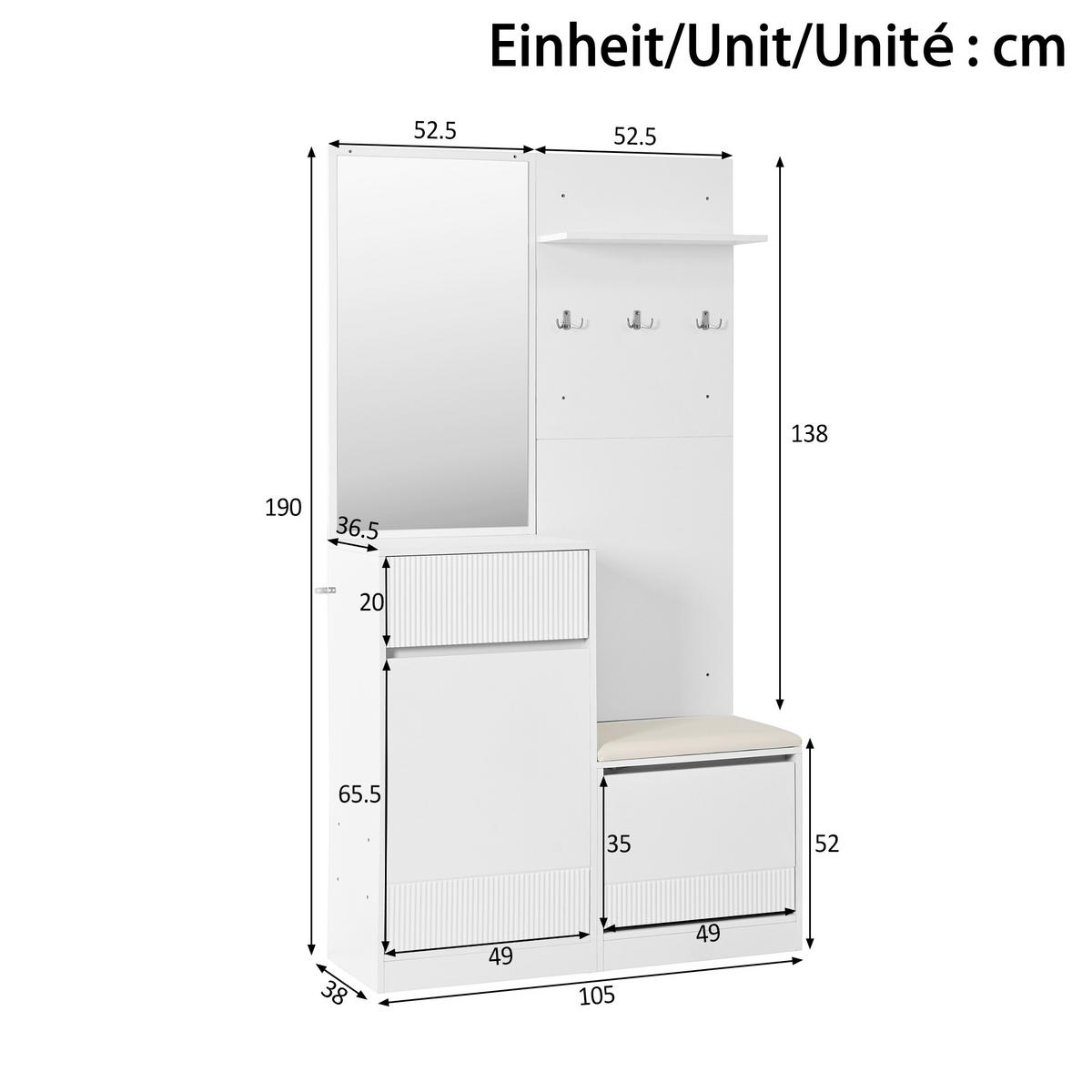 GARDEROBE mit Spiegel, Schuhschrank, Schuhbank und LED - Weiß, Holzwerkstoff (105/190/38cm) - FLIEKS