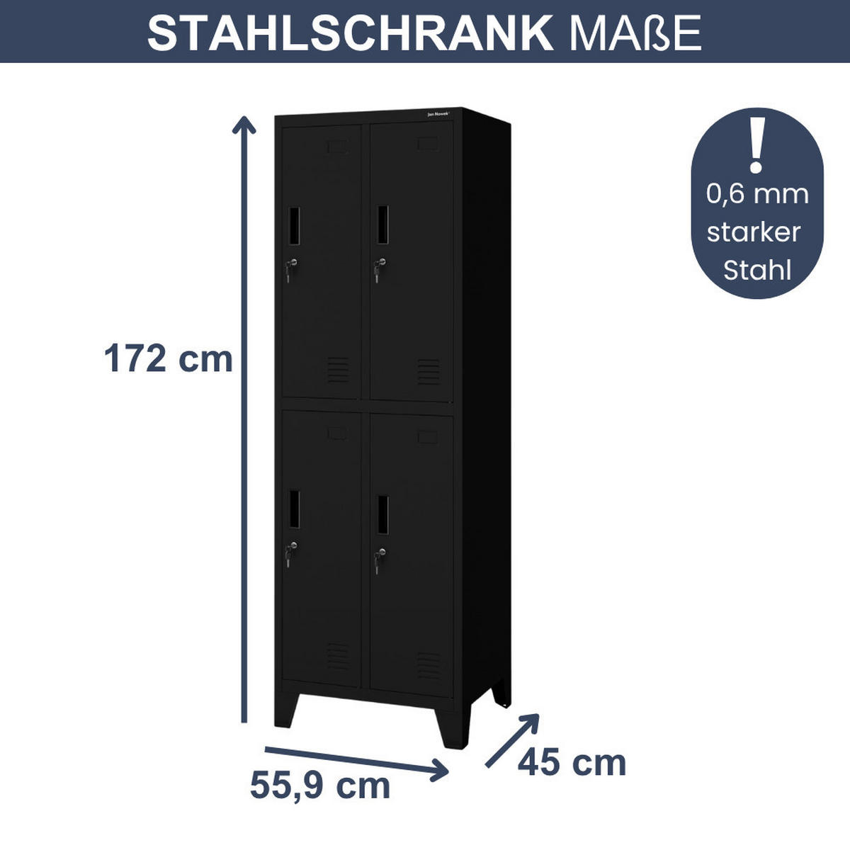 UMKLEIDESCHRANK Spind BARTEK 4 Abteile 172x55,9x45cm Schwarz - Schwarz, Metall (55.9/172/45cm) - Jan Nowak