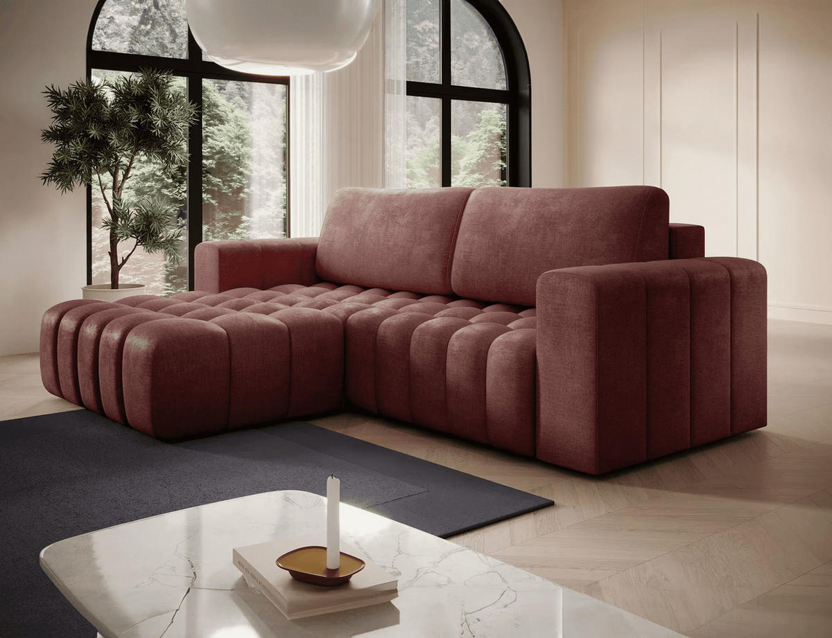 ECKSOFA mit Schlaffunktion und Bettkasten, Velours-Stoff - Rot/Schwarz, Textil (250/175cm) - Eltap
