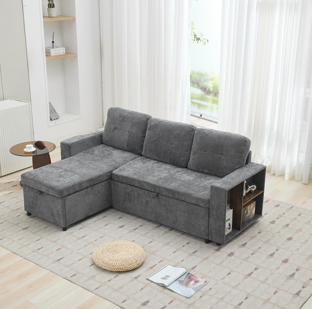 ECKSOFA 202/136/85 cm grau aus Chenille mit Stauraum - Grau, Textil (136/202cm) - OKWISH
