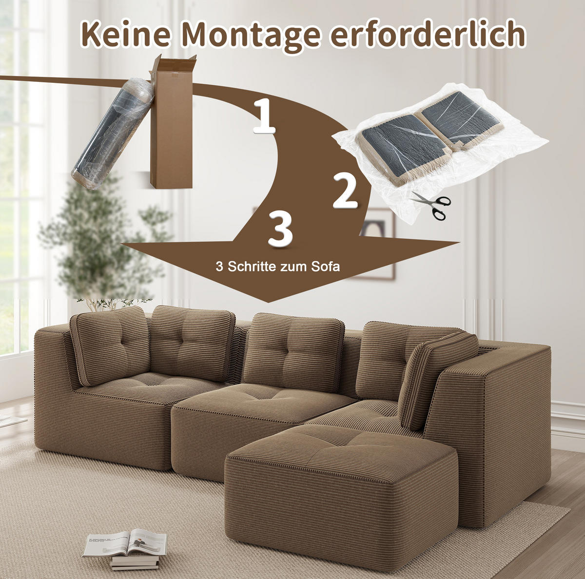 ECKSOFA 297/177/69 cm braun aus Cord mit modularem Design und ohne Aufbau - Braun, Textil (177/297cm) - OKWISH