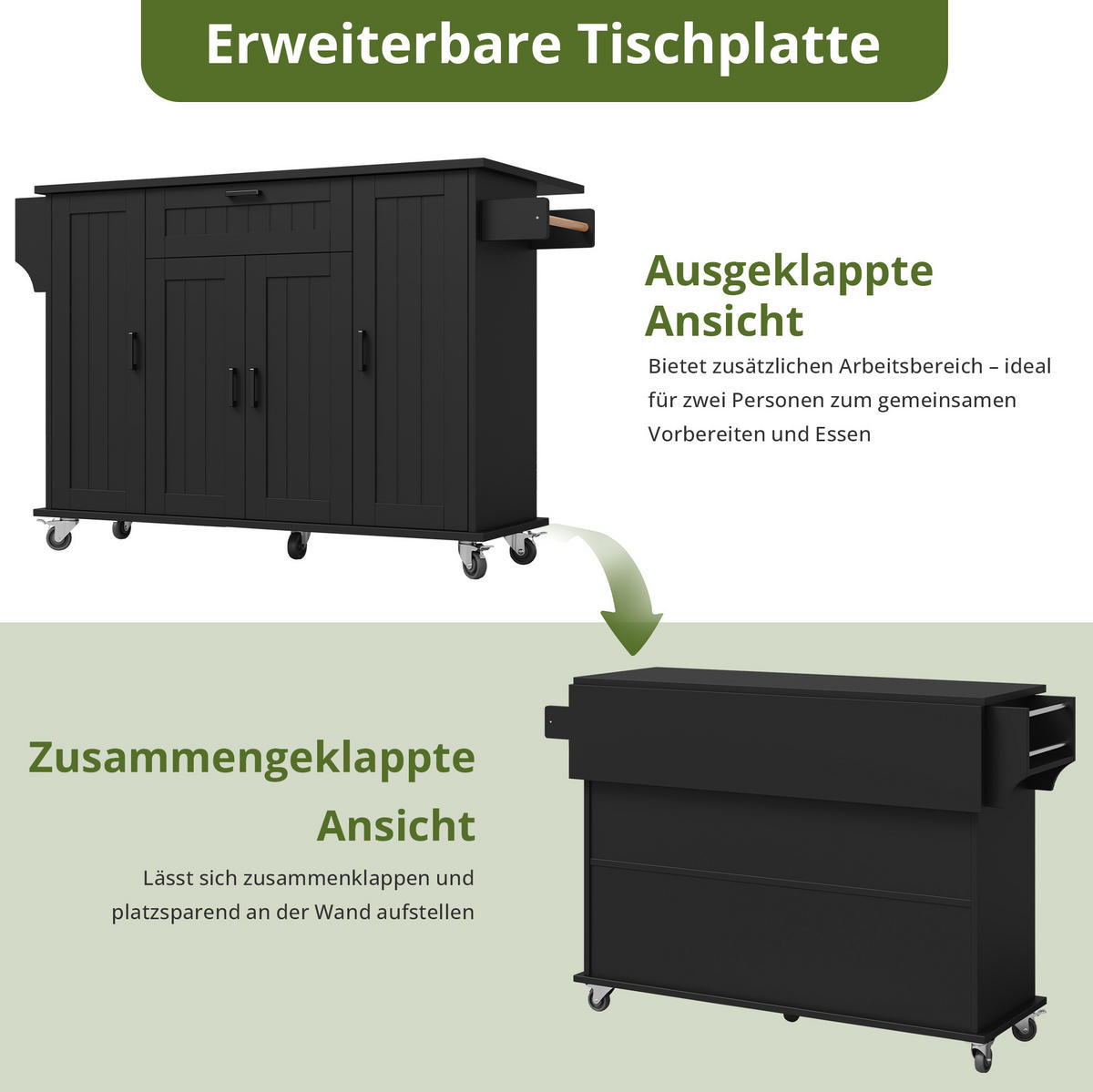 KÜCHENINSEL 120/95/45(70) cm Schwarz aus MDF mit klappbarer Arbeitsplatte - Schwarz, Holzwerkstoff (70/95/120cm) - OKMYHOME