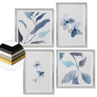 WANDBILDER 4er Set - 50x50 cm & 40x60 cm Silberner Rahmen - Minimalistische blaue Blumen - Silberfarben, Kunststoff (50/50cm) - ArtPrintCave