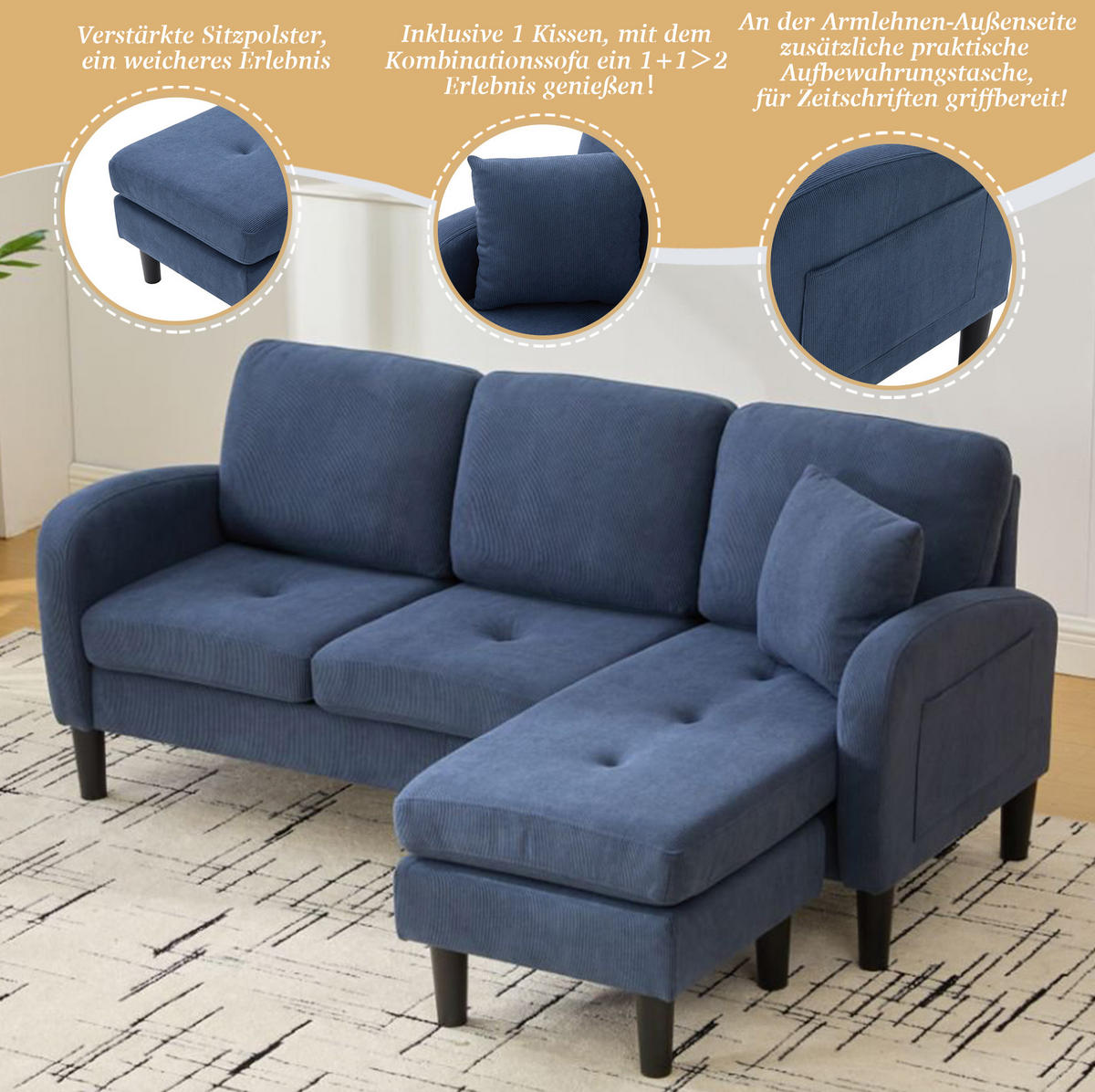 ECKSOFA modular mit Chaiselongue 166 x 118 x 77 cm Cord Blau - Blau, Kunststoff (166/118cm) - IVMEU