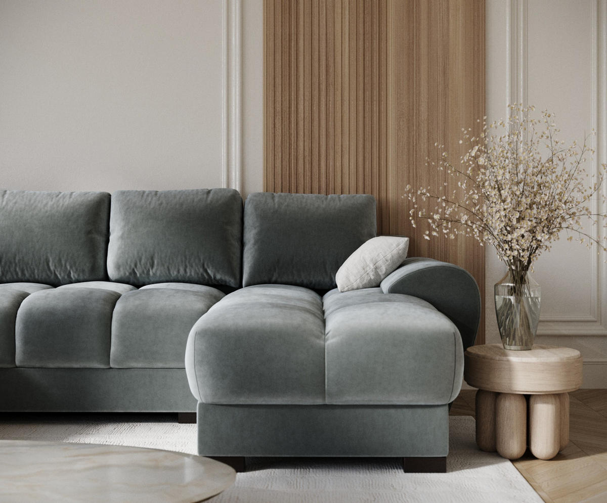 WOHNLANDSCHAFT Peebles Dunkelgrau Samtstoff - Schwarz/Grau, Holz/Holzwerkstoff (330/90/175cm) - Maison de Reve