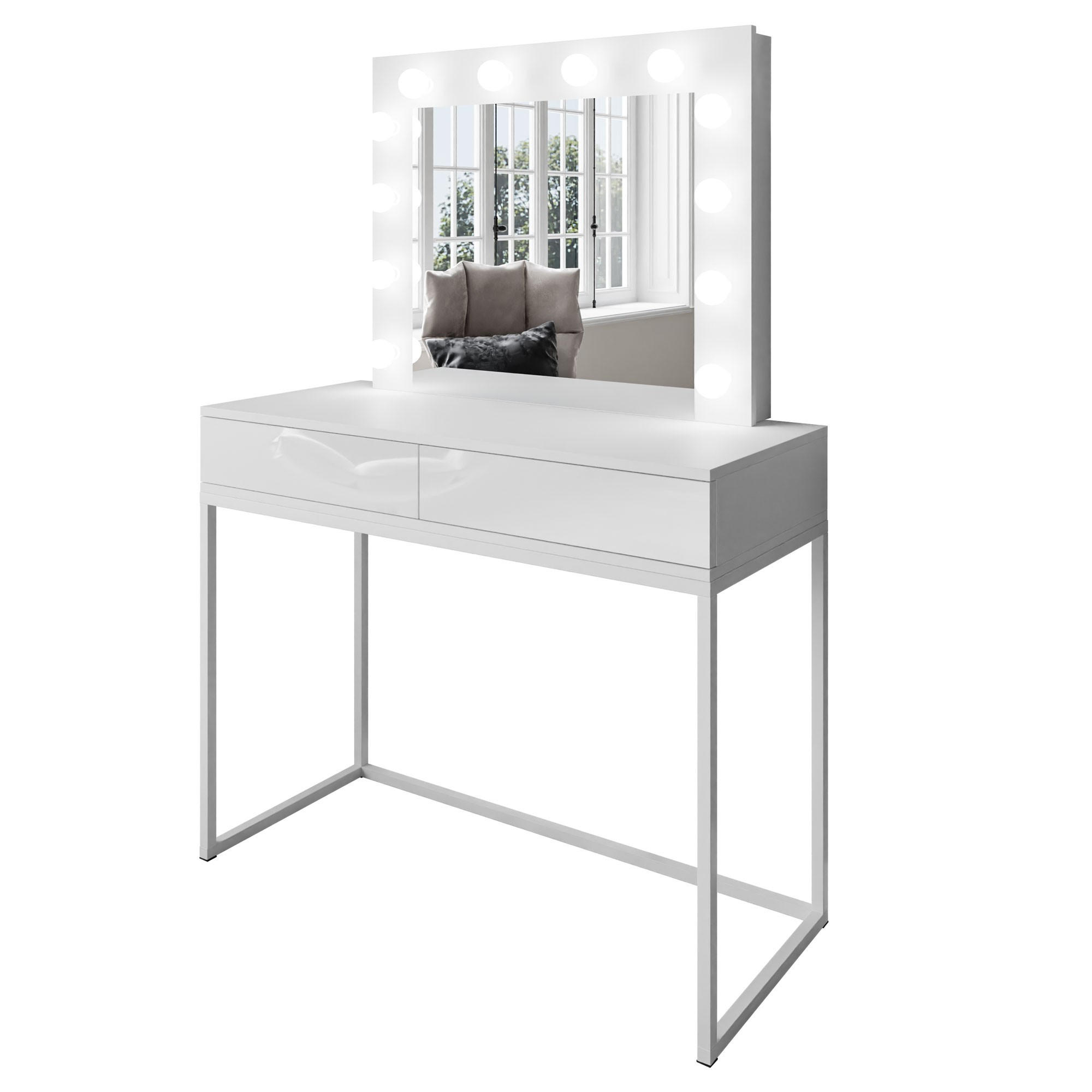 SCHMINKTISCH BLANCO LOFT mit Spiegel und Beleuchtung Weiß PUSH OPEN - Weiß Hochglanz/Weiß, Holzwerkstoff (100/146/42cm) - Lookway
