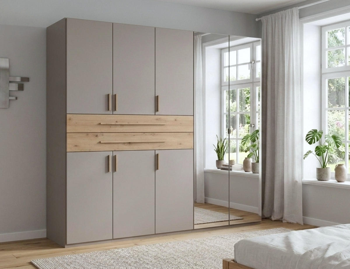 SKŘÍŇ S OTOČNÝMI DVEŘMI B225/H208/T58 cm, pískově šedá, šatní skříň se 2 zrcadlovými dveřmi, 2 zásuvkami a úchytkami v dekoru dub Artisan / 22635 - písková barva/dub artisan, kompozitní dřevo/plast (225/208/58cm) - luma-home