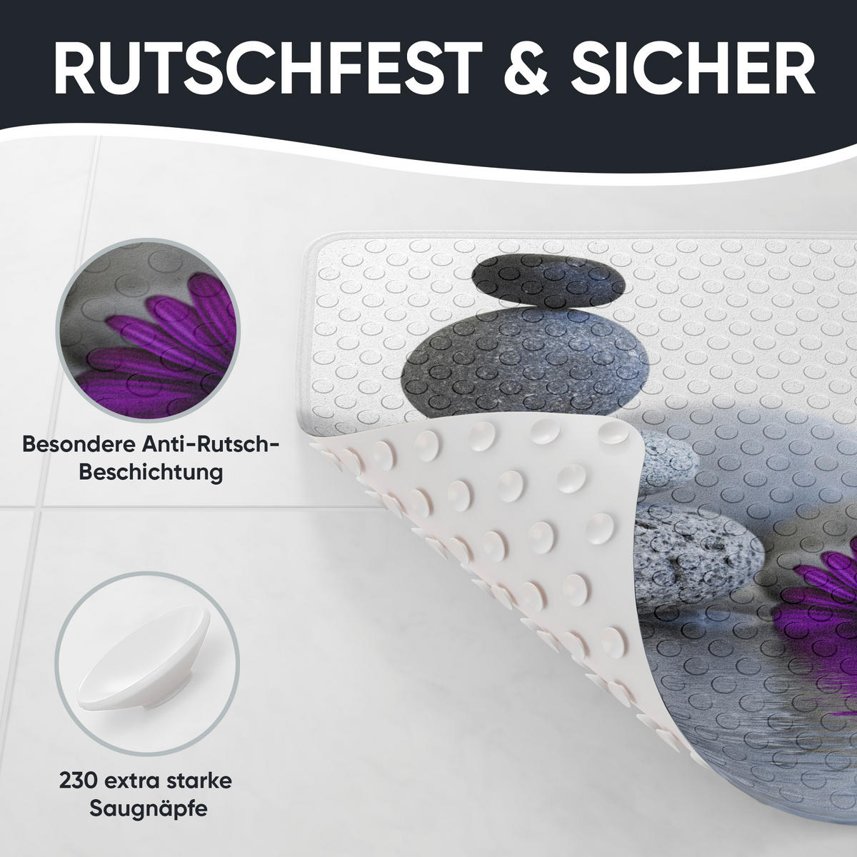 BADEMATTE Energy Stones - Grau, Kunststoff (53/53cm) - Sanilo