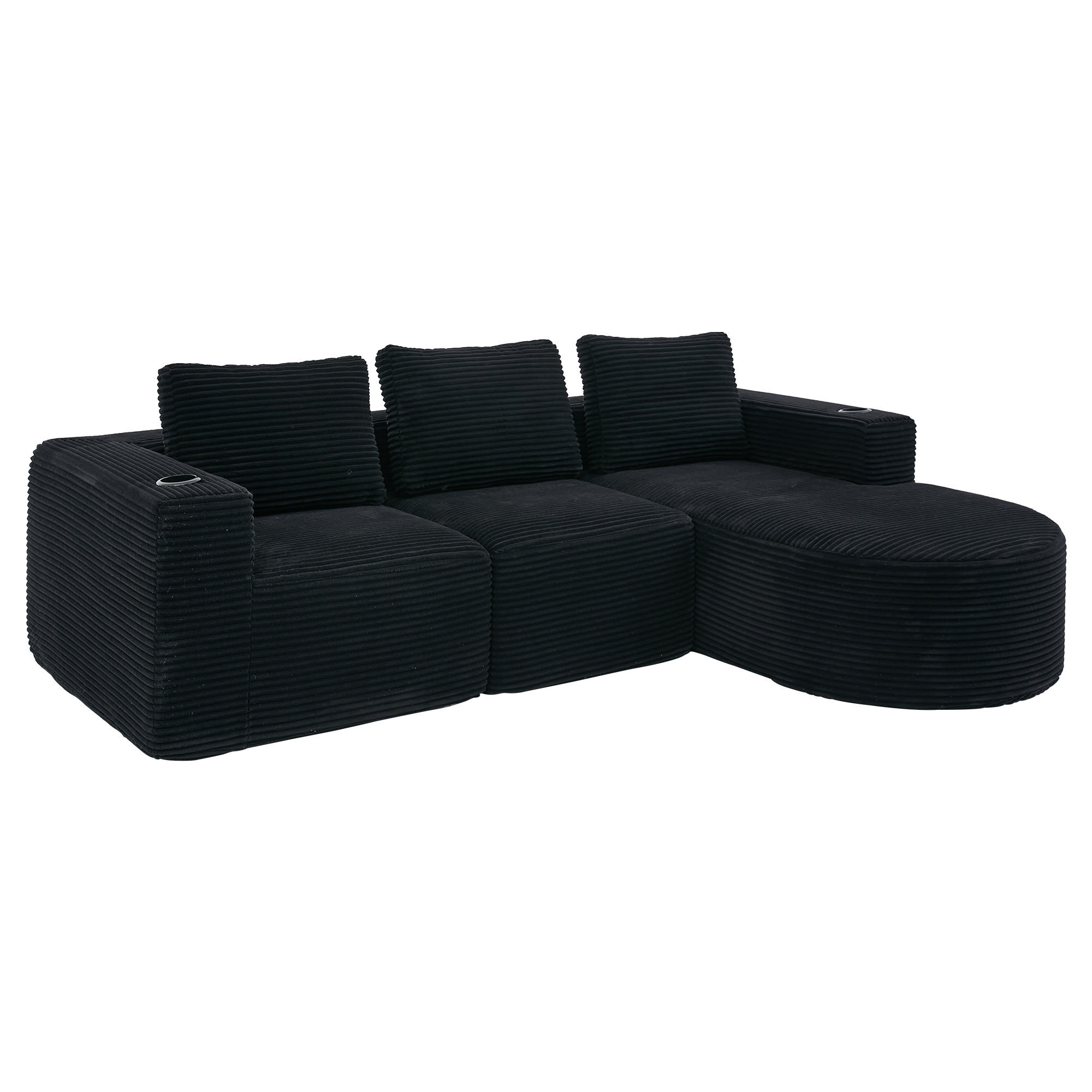 ECKSOFA Cord Schwarz mit 3 Kissen und 2 Becherhaltern - Schwarz, Textil (265/176cm) - WISHDOR