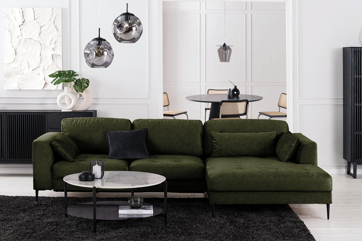 ECKSOFA mit Longchair - Dunkelgrün/Schwarz, Textil/Metall (275/168cm) - home24