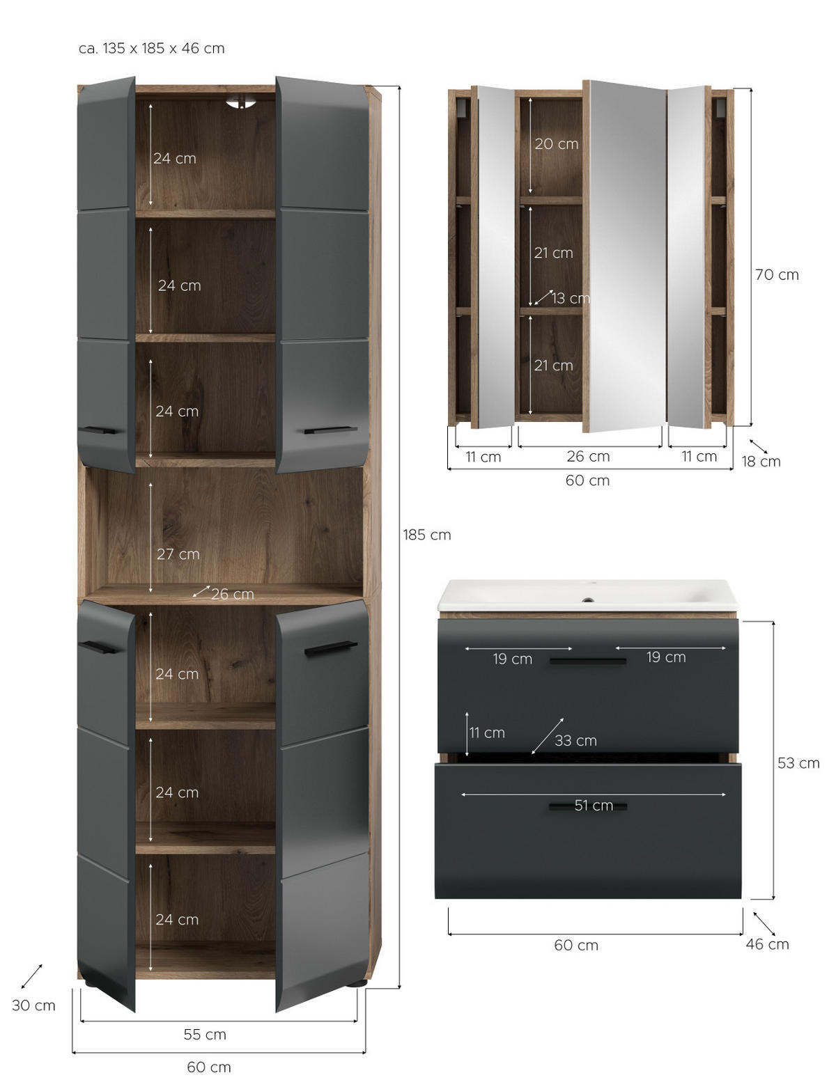 BADMÖBEL-SET schwarz matt, Nox Eiche 3-teilig, Badkombination inklusive Waschbecken - Eichefarben/Schwarz, Glas/Holzwerkstoff (135/185/46cm) - Inn.Furn