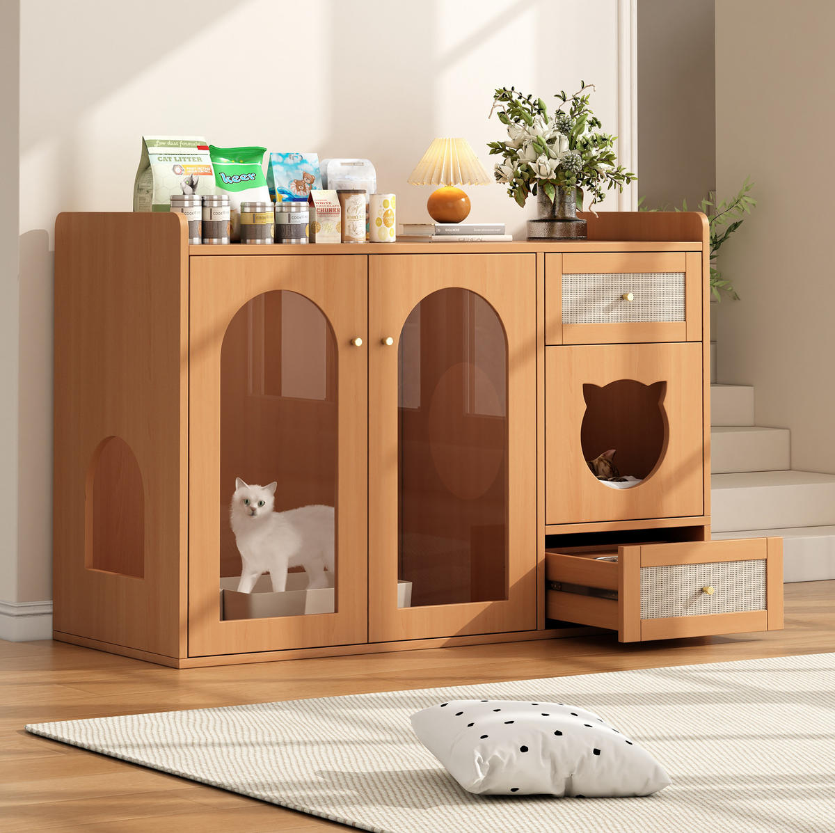 SIDEBOARD 120/45/76 cm Nussbaumfarben aus Holzwerkstoff und Glas mit Futternapf-Schublade - Walnussfarben, Holzwerkstoff (45/83/120cm) - OKMYHOME