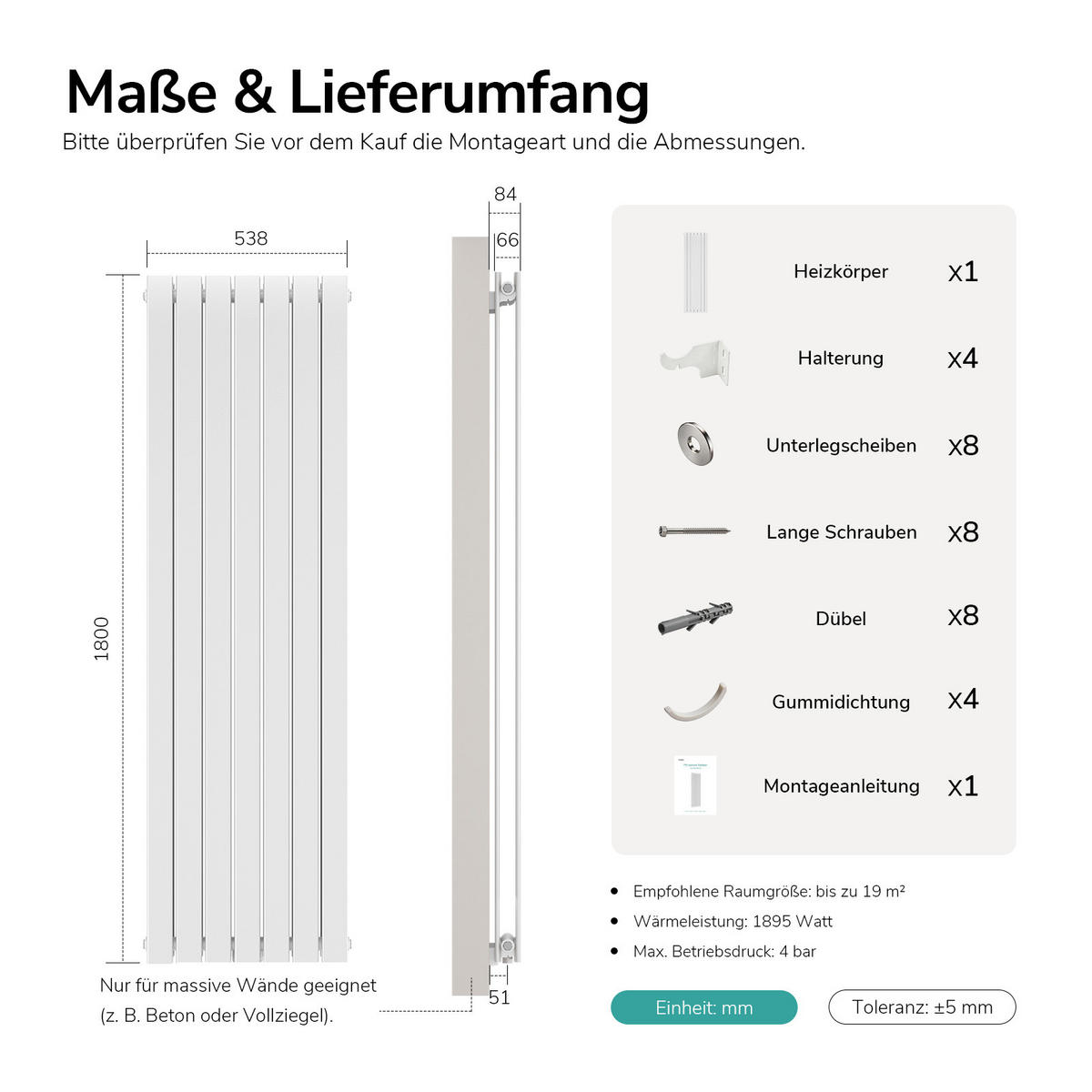 HEIZKÖRPER Flachheizkörper Weiß 180/54/6,6 cm - Weiß, Metall (53.8/180/6.6cm) - EMKE