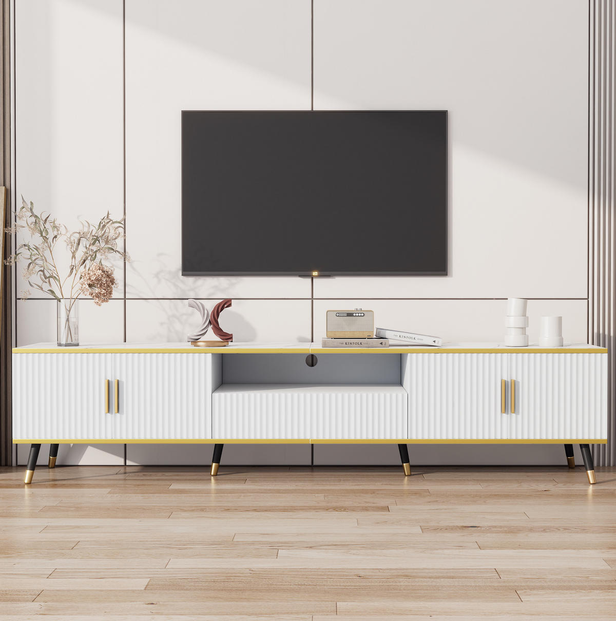TV-BOARD aus Spanplatte 200x40x46 cm Weiß mit Kabelführung, 2 Türen, 1 Schublade und Marmoroptik - Weiß, Holzwerkstoff (200/46/40cm) - Modfu