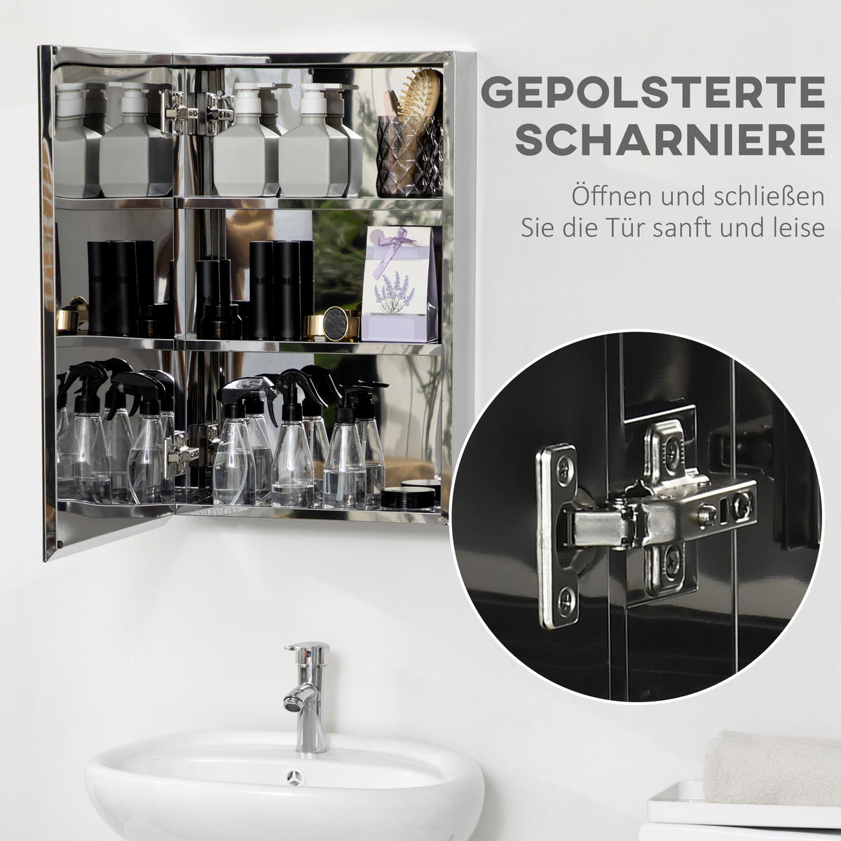 SPIEGELSCHRANK mit 3 Ebenen, für Badezimmer, Schlafzimmer, Edelstahl, Silber - Silberfarben, Glas (12/60/39cm) - Kleankin