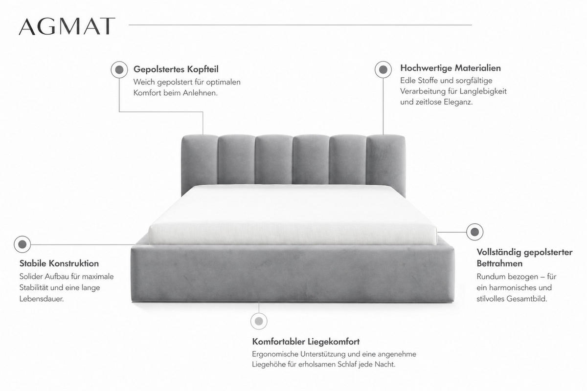 POLSTERBETT BERGO, 180x200 cm, Doppelbett mit Bettkasten, Velourstoff, Frabe: Dunkelgrau - Dunkelgrau, Holz/Textil (180/200cm)