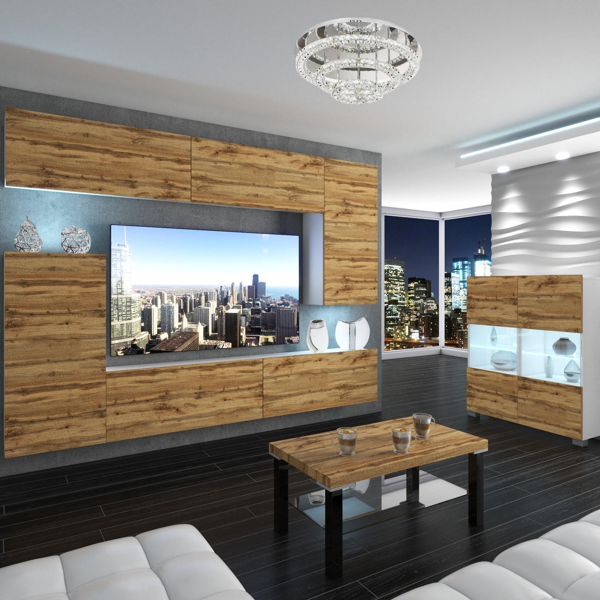 WOHNZIMMERWAND Schrankwand mit LED Wotan-Eiche - Braun, Holz (250/180/36cm) - B BELINI GROUP