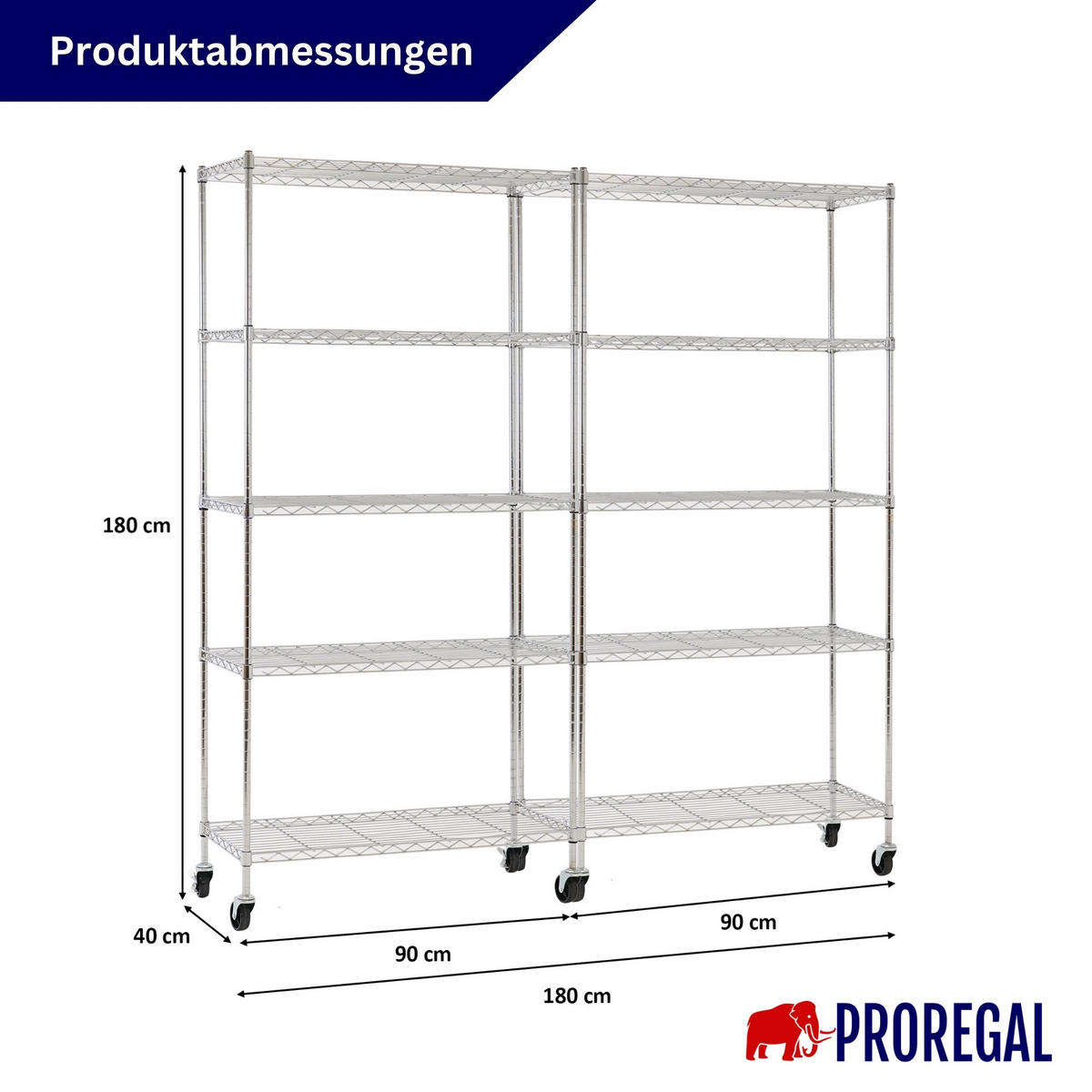 GITTERREGAL 2er - Set HADES mit Rollen & 5 Gitterböden Metall 180x90x40cm Silber - Silberfarben, Metall (90/180/40cm) - PROREGAL