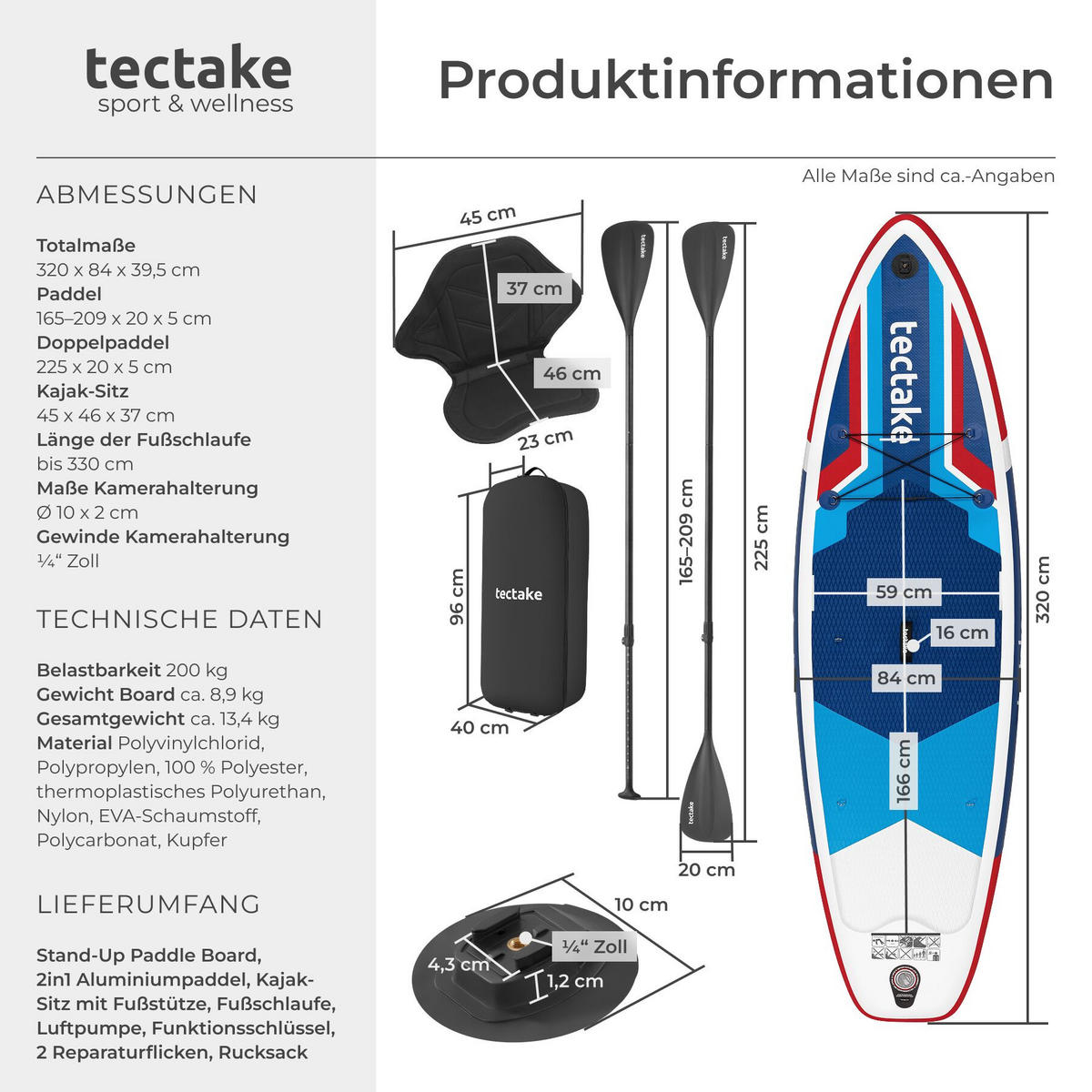 STAND UP PADDLE BOARD Poseidon, Belastbarkeit 200 kg, inklusive Kajak-Sitz, rot/blau - Rot, Kunststoff (320/84/0.4cm) - tectake