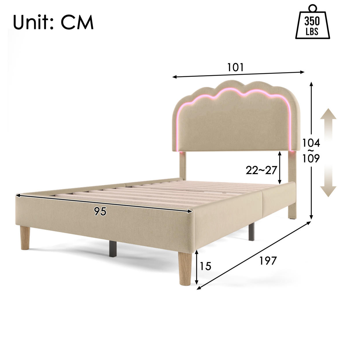 POLSTERBETT 90/190 cm Beige mit LED-Beleuchtung und verstellbarem Kopfteil - Beige, Textil (90/200cm) - Flora Grace
