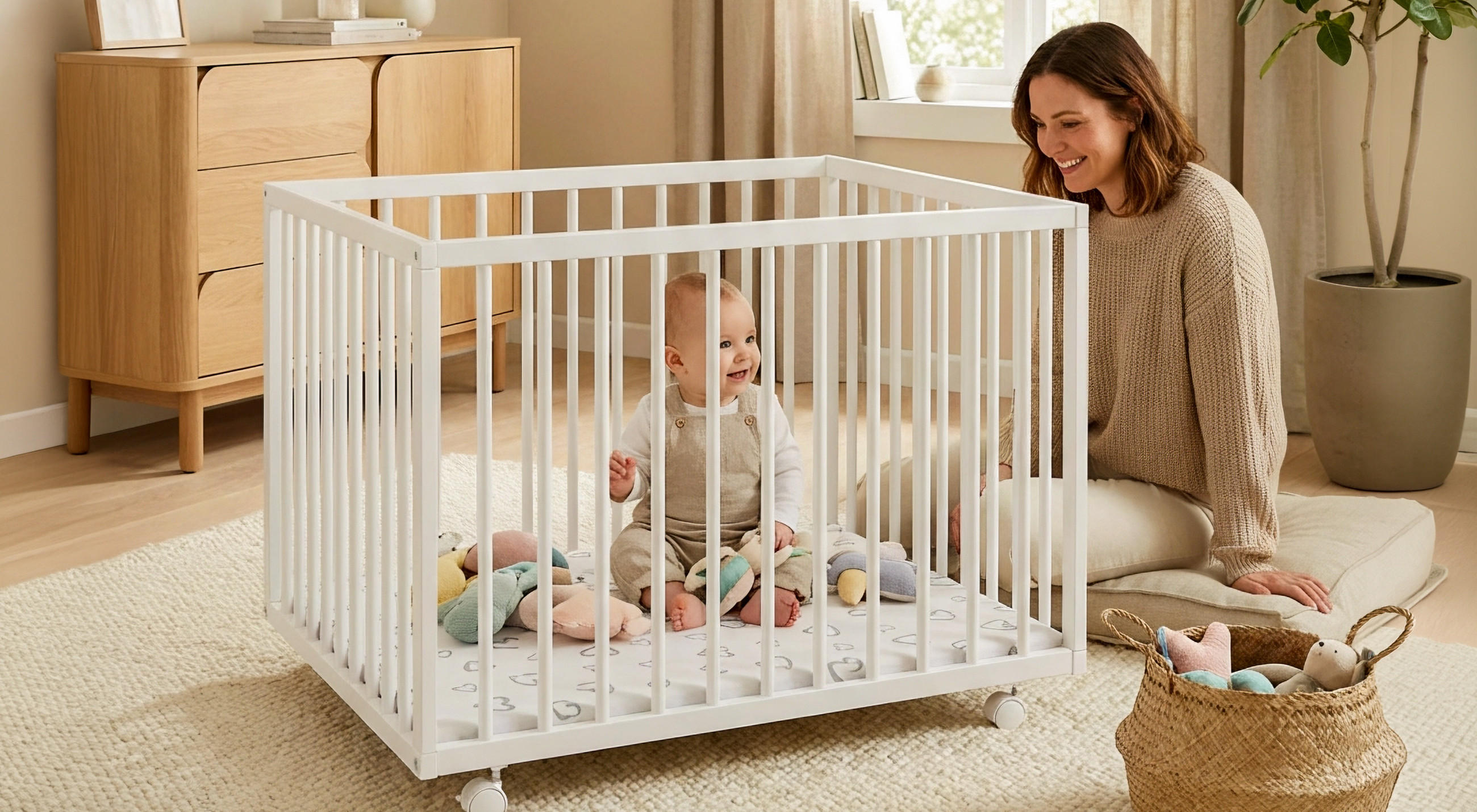 Baby sitzt in einem weißen Laufgitter auf einer gemusterten Matte, eine Frau sitzt daneben auf dem Boden in einem hellen Raum mit Teppich und Möbeln.