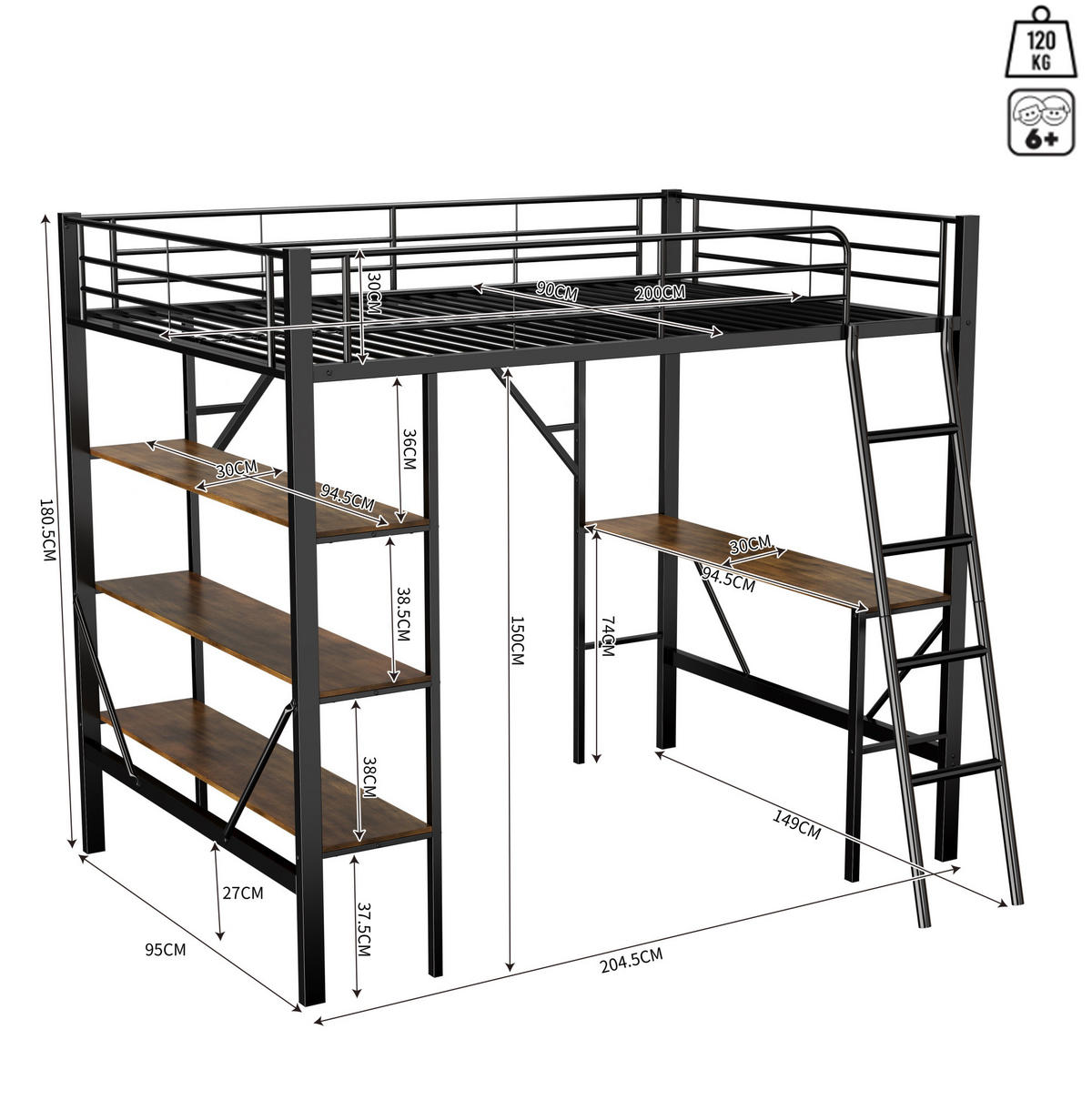 POSCHODOVÁ posteľ 90/200 cm čierna z kovu a MDF s písacím stolom a tromi policami - čierna, kov (90/200cm) - OKWISH