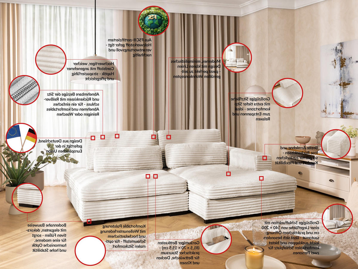 ECKSOFA Wolke mit tiefer Sitzfläche, Schlaffunktion und praktischem Bettkasten aus weichem Creme Cordstoff - Creme/Schwarz, Holz/Kunststoff (225/162cm) - S-Style